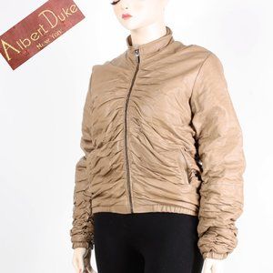 L Vintage 00s Albert Duke Beige Soft Leather Ruched Bomber Jacket Coat 90s Y2K